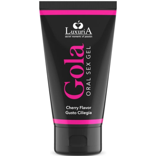 Tube noir Luxuria Gola Oral Sex Gel saveur cerise, gel gourmand pour le sexe oral, texture hydratante, format 50 ml compatible preservatifs, vue de face.