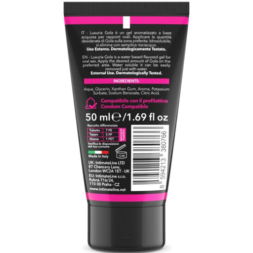 Dos du tube Luxuria Gola gel oral cerise 50 ml, liste des ingredients et mentions compatible preservatif, code-barres, usage externe teste dermatologiquement.
