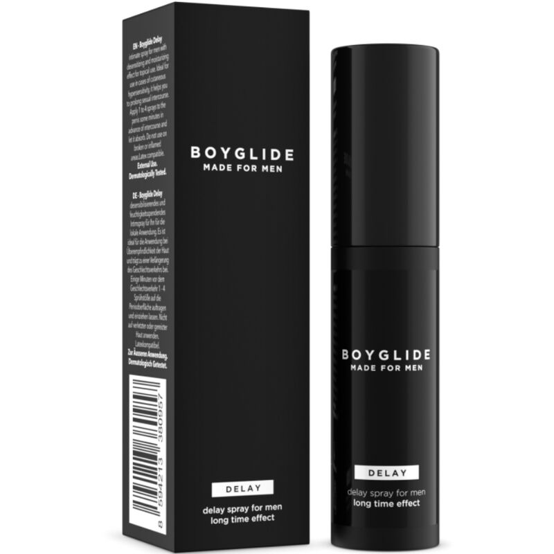 Boite noire Boyglide Delay et flacon vaporisateur, spray retardant pour homme 20 ml a l aloe vera, effet desensibilisant longue duree, vue de face.