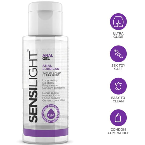Flacon Sensilight Anal Gel de face avec pictogrammes ultra glisse et sex toy safe, lubrifiant anal base eau, design blanc et violet, compatible preservatif longue duree.
