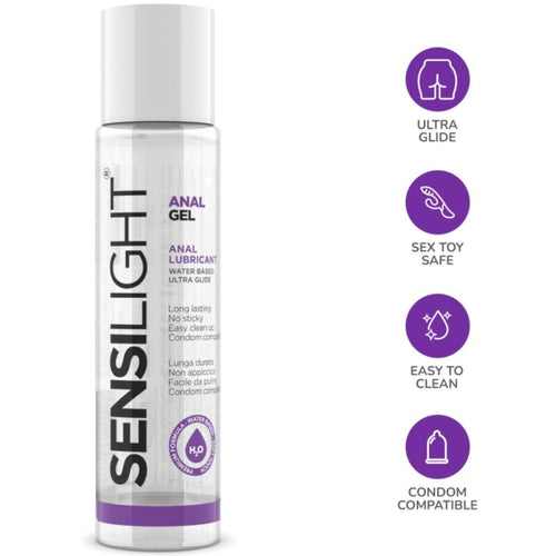 Flacon Sensilight Anal Gel format compact entoure de pictogrammes glisse et nettoyage facile, lubrifiant anal base eau ultra glisse compatible preservatif, blanc et violet.