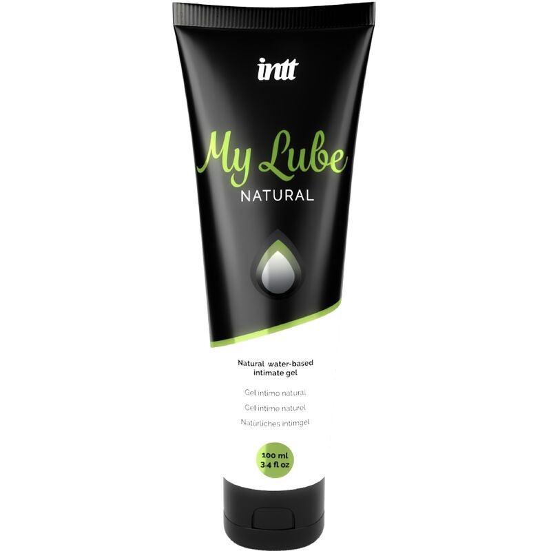 Tube noir Intt My Lube Natural debout a cote de sa capsule, lubrifiant intime base eau neutre et inodore facilitant la glisse, compatible preservatifs et sextoys