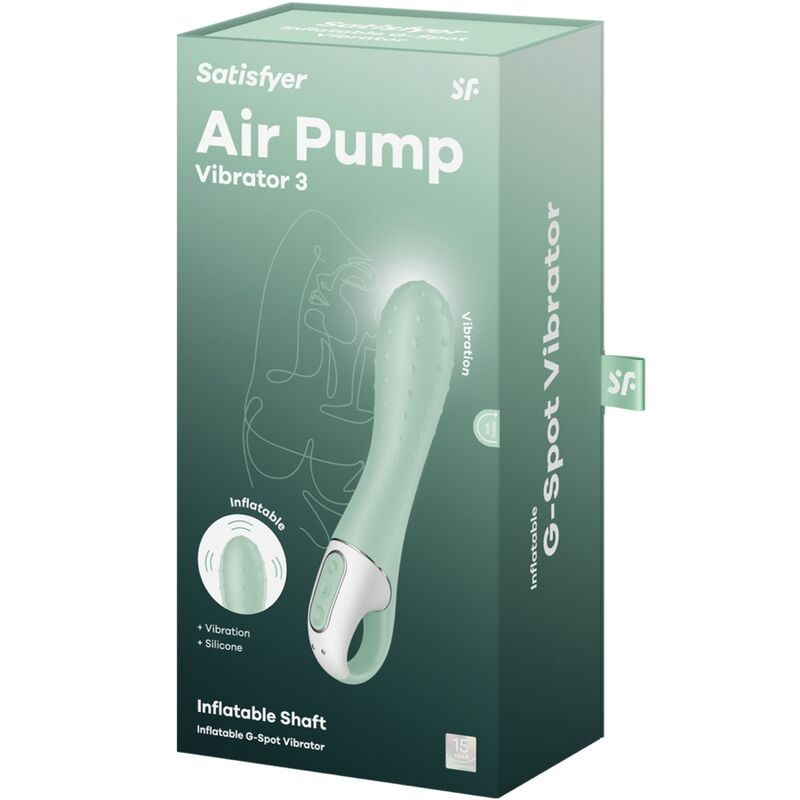 Boite Satisfyer Air Pump Vibrator 3 verte, packaging Inflatable G-Spot Vibrator avec visuel de la tige texturee et mention Inflatable Shaft en silicone.
