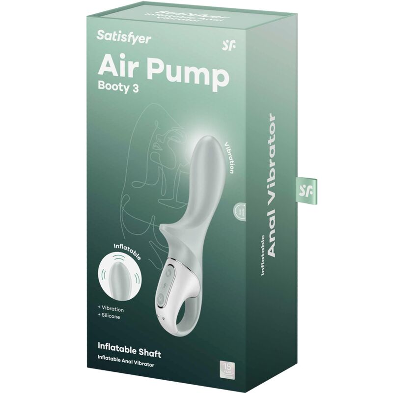 Boite Satisfyer Air Pump Booty 3 verte, packaging Inflatable Anal Vibrator avec visuel produit et mention Inflatable Shaft en silicone vibrant.