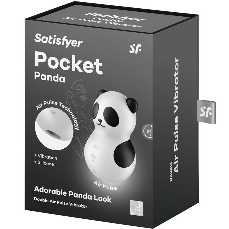 Boîte noire Satisfyer Pocket Panda Air Pulse Vibrator, visuel du stimulateur panda et mention Adorable Panda Look. Emballage clitoridien à aspiration.
