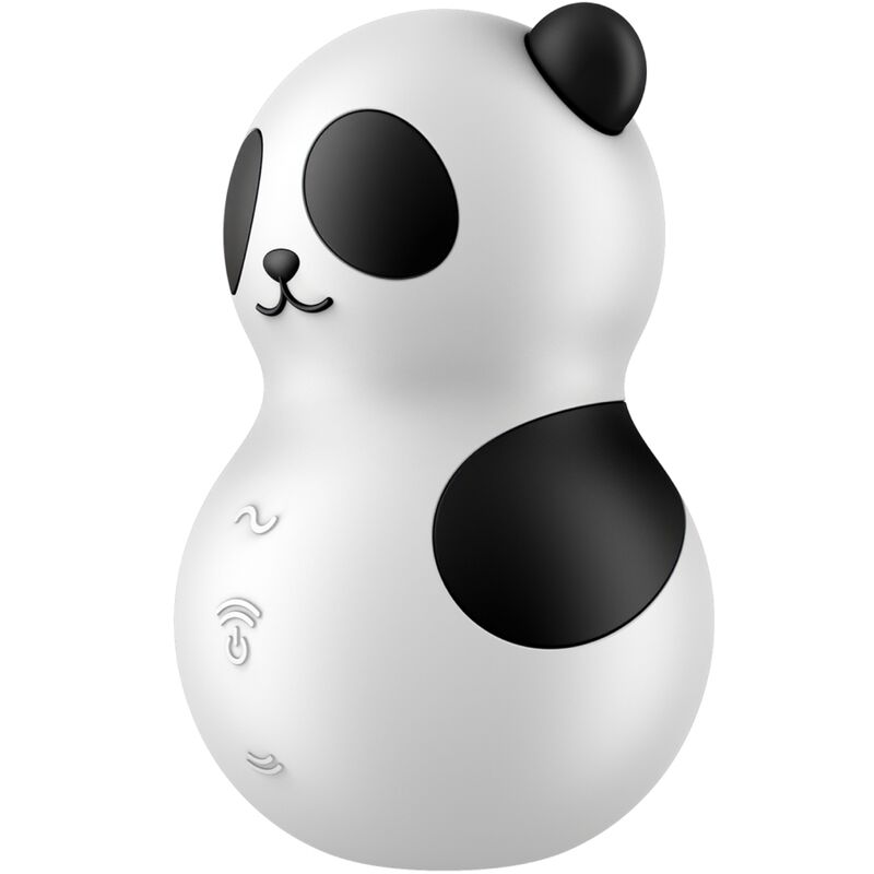 Stimulateur panda Pocket Panda vu de face avant, museau dessiné et commandes tactiles au ventre. Air-pulse clitoridien compact Satisfyer, silicone rechargeable.