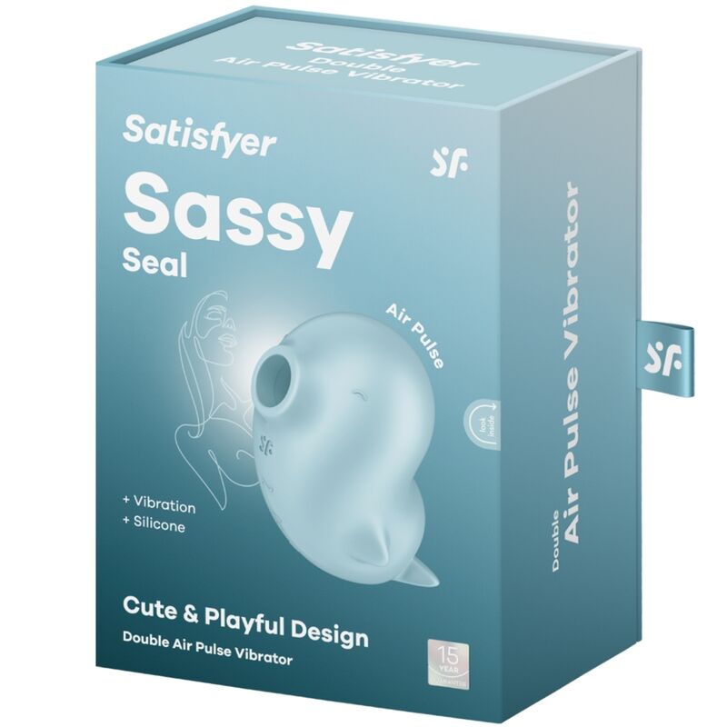 Boîte bleue Satisfyer Sassy Seal Air Pulse Vibrator, visuel du stimulateur phoque et mention Cute & Playful Design. Emballage clitoridien à aspiration.