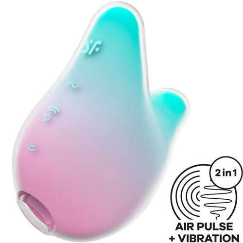 Stimulateur clitoridien Satisfyer Mermaid Vibes degrade menthe et rose en silicone, forme abstraite a embout air pulse, double technologie aspiration et vibration