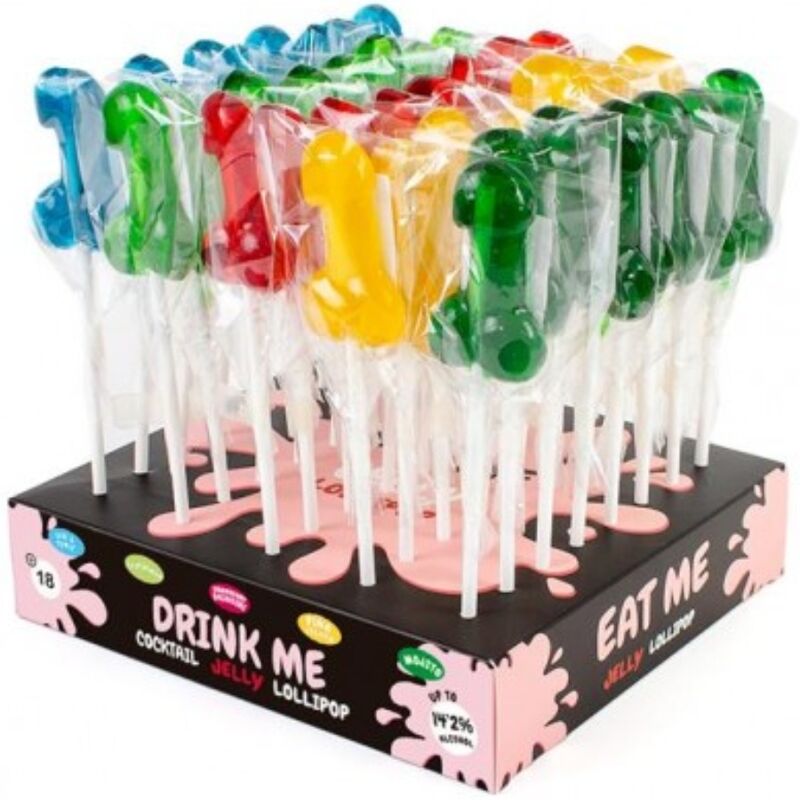 Presentoir Drink Me de sucettes coquines colorees moulees en forme de sexe masculin, friandises Eat Me comestibles legerement alcoolisees pour soirees festives.