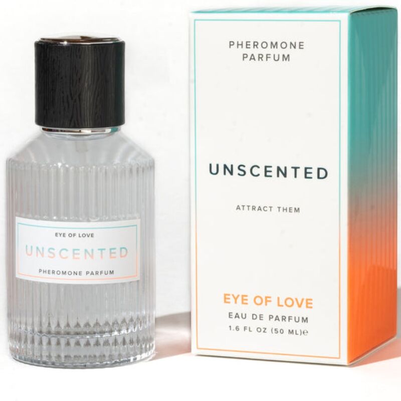 Parfum aux phéromones non parfumé pour séduire 50 ml, flacon strie transparent a cote de son etui Unscented degrade orange, formule inodore mixte tous genres Eye Of Love.