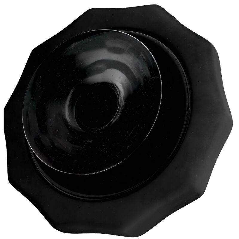 Minuteur étanche Bathmate de dos, ventouse foncée brillante au centre du boîtier noir souple, accessoire submersible pour cadencer les séances de pompage.