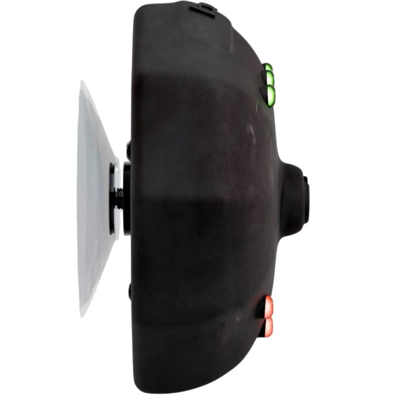 Minuteur étanche Bathmate vu de profil montrant sa ventouse de fixation blanche au dos, boîtier noir avec témoins lumineux latéraux, accessoire pour pompe pénienne.