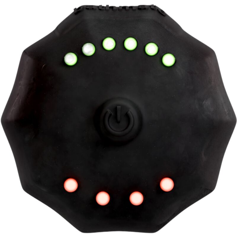 Minuteur étanche Bathmate de face, rangée de LED vertes allumées et LED rouges éteintes autour du bouton marche, accessoire submersible pour pompe pénienne.