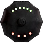Minuteur étanche Bathmate de face, rangée de LED vertes allumées et LED rouges éteintes autour du bouton marche, accessoire submersible pour pompe pénienne.