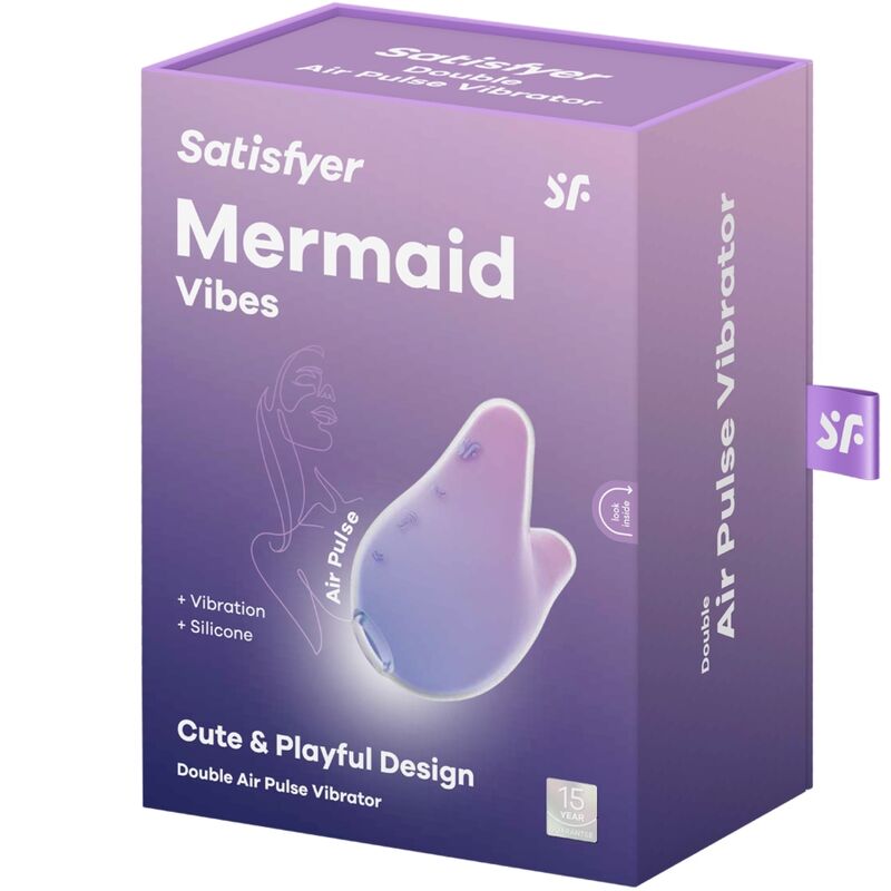 Boite Satisfyer Mermaid Vibes degrade violet, Double Air Pulse Vibrator, montrant le stimulateur clitoridien pastel et son embout d'aspiration douce sur fond clair