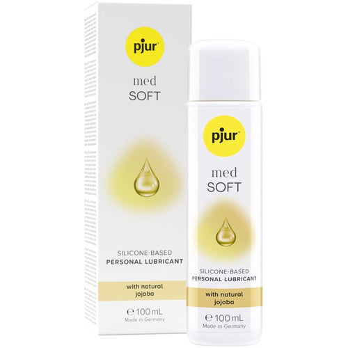 Boite et flacon Pjur Med Soft 100 ml, lubrifiant base silicone enrichi au jojoba pour muqueuses seches et sensibles, formule concentree glisse longue duree.