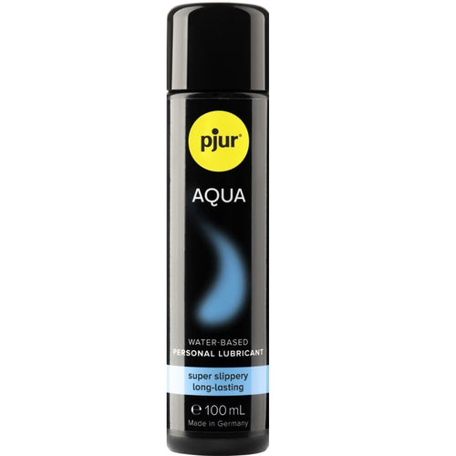 Flacon noir Pjur Aqua 100 ml de face, lubrifiant base eau super glissant longue duree, glisse soyeuse compatible preservatifs et sextoys, sans huile.
