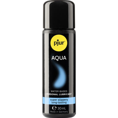 Flacon noir Pjur Aqua 30 ml de face, lubrifiant base eau super glissant longue duree, texture fluide compatible preservatifs et sextoys, fabrique en Allemagne.