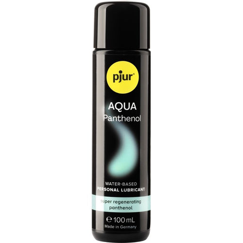 Flacon noir Pjur Aqua Panthenol 100 ml de face, lubrifiant base eau au panthenol regenerant, glisse longue duree douce compatible preservatifs et jouets.