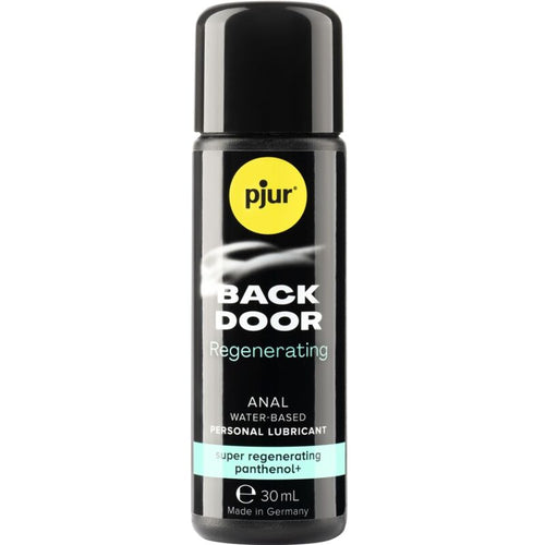 Flacon noir Pjur Back Door Regenerating 30 ml de face, lubrifiant anal base eau au panthenol et camomille, glisse longue duree apaisante, compatible preservatifs.