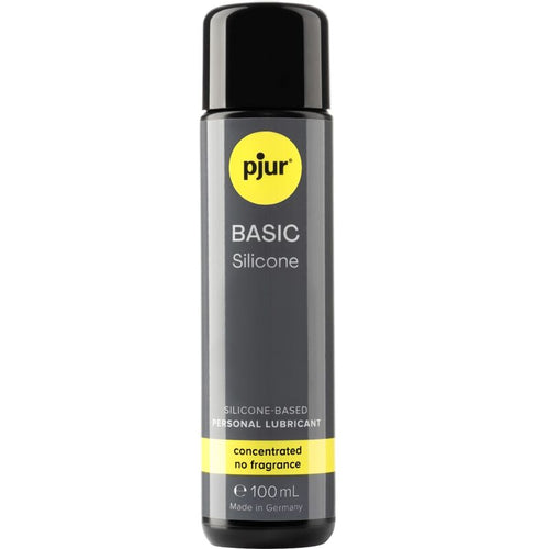 Flacon gris Pjur Basic Silicone 100 ml de face, lubrifiant base silicone inodore et sans gout, glisse longue duree qui ne seche pas, porte d'entree silicone.