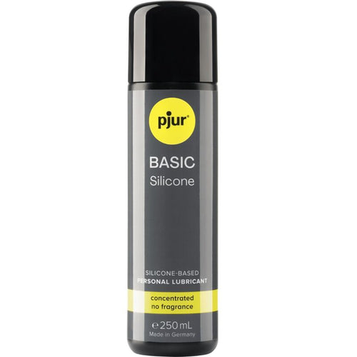 Flacon gris Pjur Basic Silicone 250 ml de face, lubrifiant base silicone inodore concentre, glisse longue duree qui ne seche pas, grand format fabrique en Allemagne.