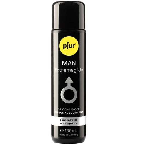 Flacon noir Pjur Man Extremeglide 100 ml de face, lubrifiant base silicone pour homme glisse extreme longue duree, sans couleur ni gout, compatible preservatifs.