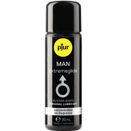 Flacon noir Pjur Man Extremeglide 30 ml de face, lubrifiant base silicone pour homme glisse extreme longue duree, sans couleur ni odeur, reduit les frottements.