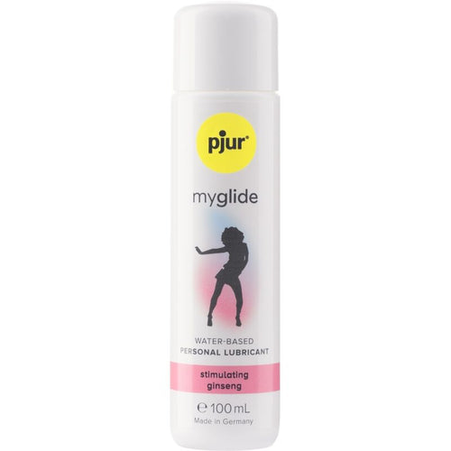 Flacon blanc Pjur Myglide 100 ml de face, lubrifiant base eau effet chaleur au ginseng sensation chauffante pendant les jeux, compatible preservatifs.