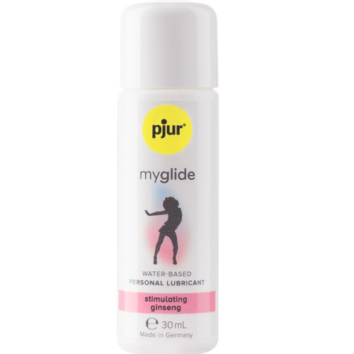 Flacon blanc Pjur Myglide 30 ml de face, lubrifiant base eau effet chaleur au ginseng pour sensation chauffante, compatible preservatifs, facile a rincer.