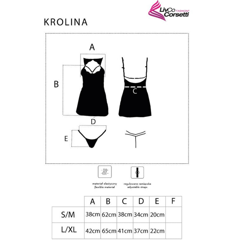 Dessin technique de la nuisette Krolina Livco Corsetti, vues face et dos a plat, tableau des dimensions S/M et L/XL, bretelles reglables.
