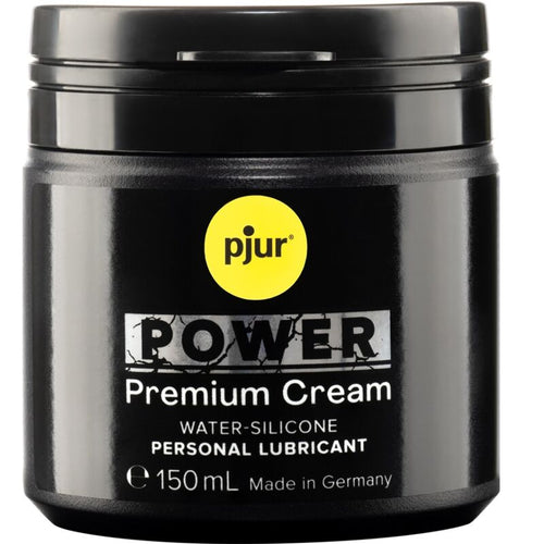 Pot noir Pjur Power Premium Cream 150 ml de face, lubrifiant cremeux base eau et silicone, texture epaisse glisse puissante pour gros jouets et jeux anaux.