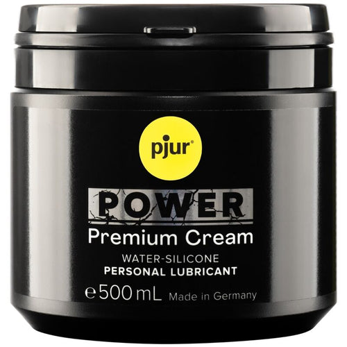 Pot noir Pjur Power Premium Cream 500 ml de face, lubrifiant cremeux base eau et silicone grand format, glisse puissante durable, fabrique en Allemagne.