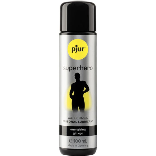 Flacon argente Pjur Superhero 100 ml de face, gel base eau au ginkgo energisant pour usage externe masculin, attenue la sensibilite, effet subjectif prolonge.