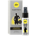 Boite et spray Pjur Superhero Performance 20 ml, spray retardant pour homme au panthenol et menthol, attenue la sensibilite, usage externe sur la peau.