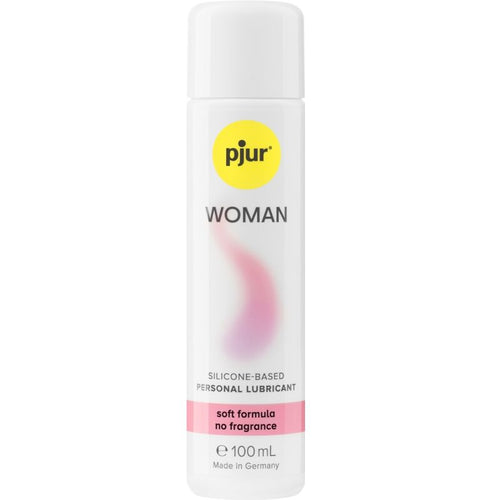 Flacon blanc Pjur Woman 100 ml de face, lubrifiant base silicone Bodyglide pour femme et peaux sensibles, formule concentree glisse longue duree, peau soyeuse.