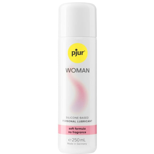 Flacon blanc Pjur Woman 250 ml de face, lubrifiant base silicone Bodyglide pour femme, formule concentree glisse longue duree, grand format laisse la peau soyeuse.