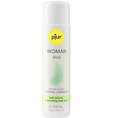 Flacon blanc Pjur Woman Aloe 100 ml de face, lubrifiant base eau a l'aloe vera nourrissant sans parabens, glisse douce hydratante respectant l'equilibre de la peau.