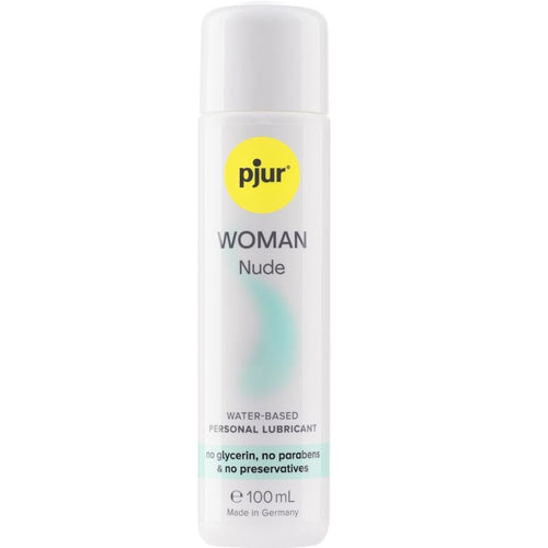 Flacon blanc Pjur Woman Nude 100 ml de face, lubrifiant base eau sans glycerine ni parabens, formule neutre pour peau sensible, sans odeur ni gout.
