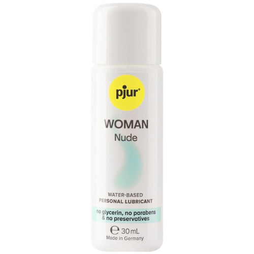 Flacon blanc Pjur Woman Nude 30 ml de face, lubrifiant base eau pour peau delicate sans glycerine ni parabens, neutre sans odeur, respecte les muqueuses sensibles.