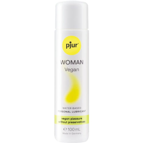 Flacon blanc Pjur Woman Vegan 100 ml de face, lubrifiant base eau pour femme certifie vegan, sans paraben ni glycerine ni parfum, formule douce muqueuses sensibles.