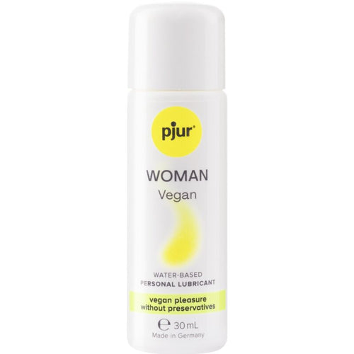 Flacon blanc Pjur Woman Vegan 30 ml de face, lubrifiant base eau pour femme certifie Vegan Society, sans paraben ni glycerine ni parfum de synthese, formule epuree.