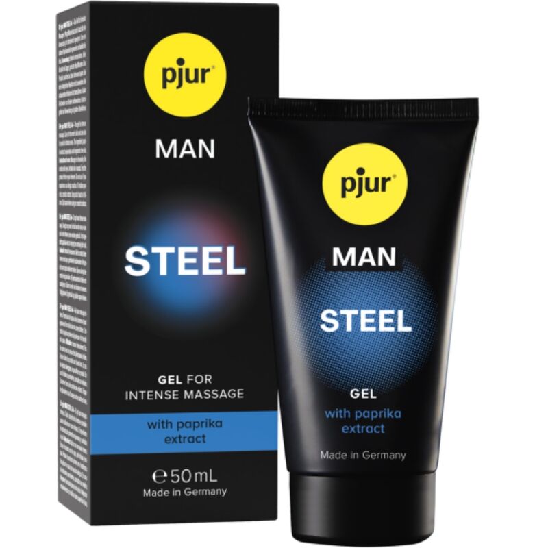Boite et tube Pjur Man Steel 50 ml, gel de massage intense pour homme a l'extrait de paprika, soin des zones intimes externes, fabrique en Allemagne.