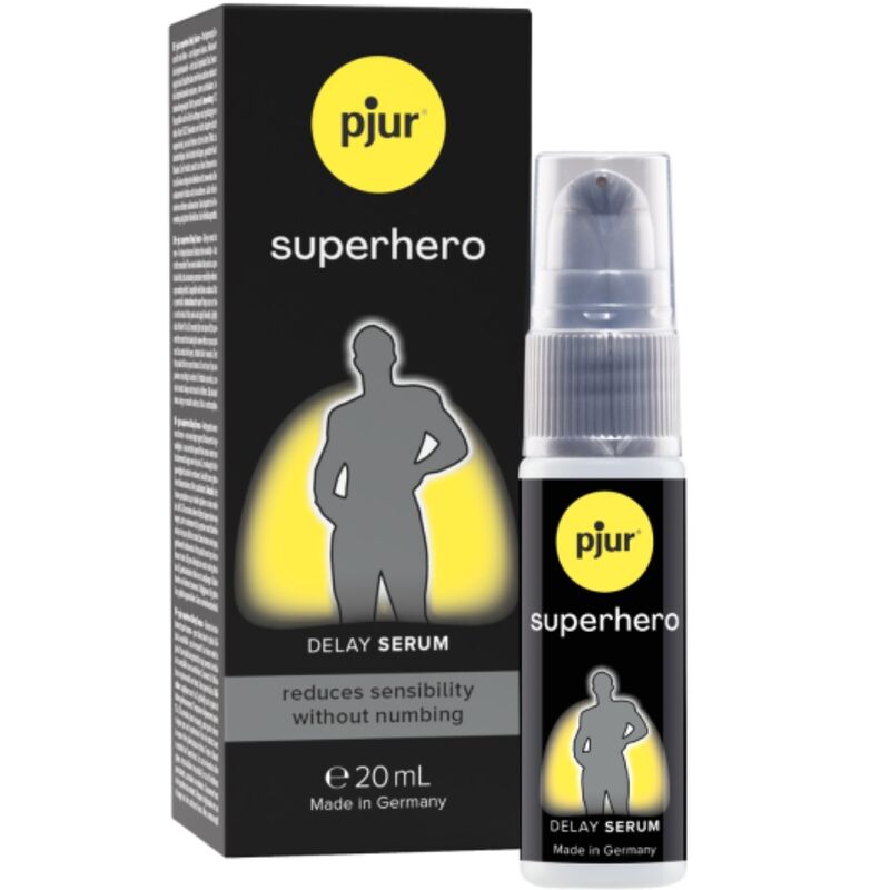 Boite et flacon Pjur Superhero Delay Serum 20 ml, serum retardant pour homme reduisant la sensibilite sans engourdir, film protecteur sur la verge, usage externe.