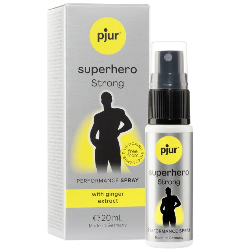 Boite grise et spray Pjur Superhero Strong 20 ml, spray performance retardant pour homme aux extraits de gingembre, attenue la sensibilite, usage externe.