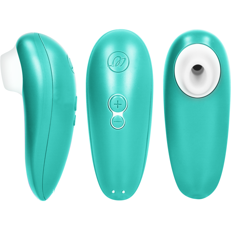 Trois vues du Womanizer Starlet 3 turquoise : profil, face à boutons +/− et embout d'aspiration en silicone de dessus, stimulateur clitoridien sans contact.