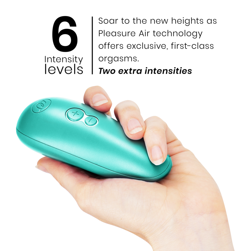 Womanizer Starlet 3 turquoise serré dans une main, à côté du visuel 6 niveaux d'intensité de la technologie Pleasure Air par ondes d'air. Échelle de taille montrée en main.