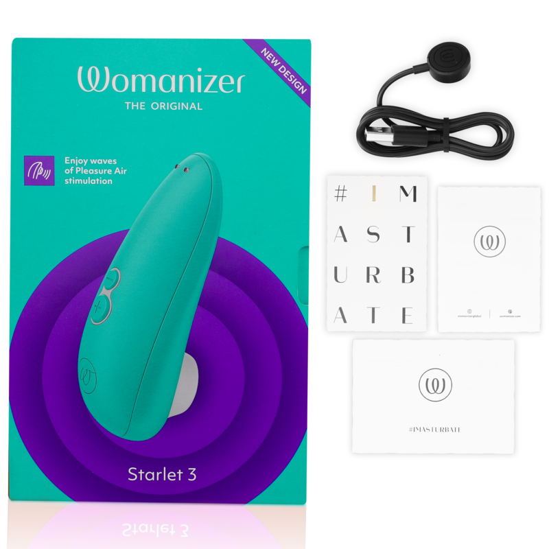 Boîte turquoise et violette du Starlet 3, câble de charge et cartes de notice à côté, stimulateur clitoridien Womanizer turquoise par aspiration. Présentation complète du coffret cadeau.