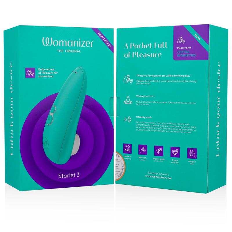Emballage turquoise du Womanizer Starlet 3 ouvert présentant le device et un schéma d'usage du stimulateur clitoridien par ondes d'air, sans anatomie.