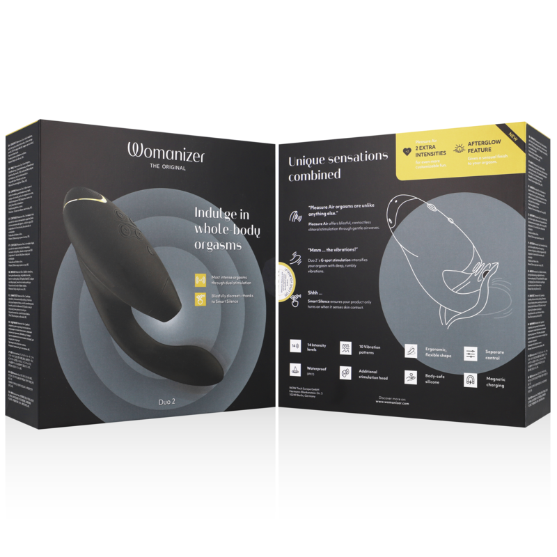 Emballage noir du Womanizer Duo 2 ouvert présentant le device double et un schéma d'usage des ondes d'air et vibrations, sans anatomie. Visuel pédagogique non explicite.